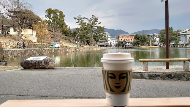 奈良の「STARBUCKS」からの猿沢池の眺め