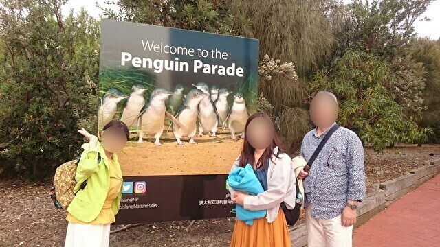 メルボルンのフィリップ島のノビーズ・オーシャン・ディスカバリー・センターのペンギンパレードの看板 
